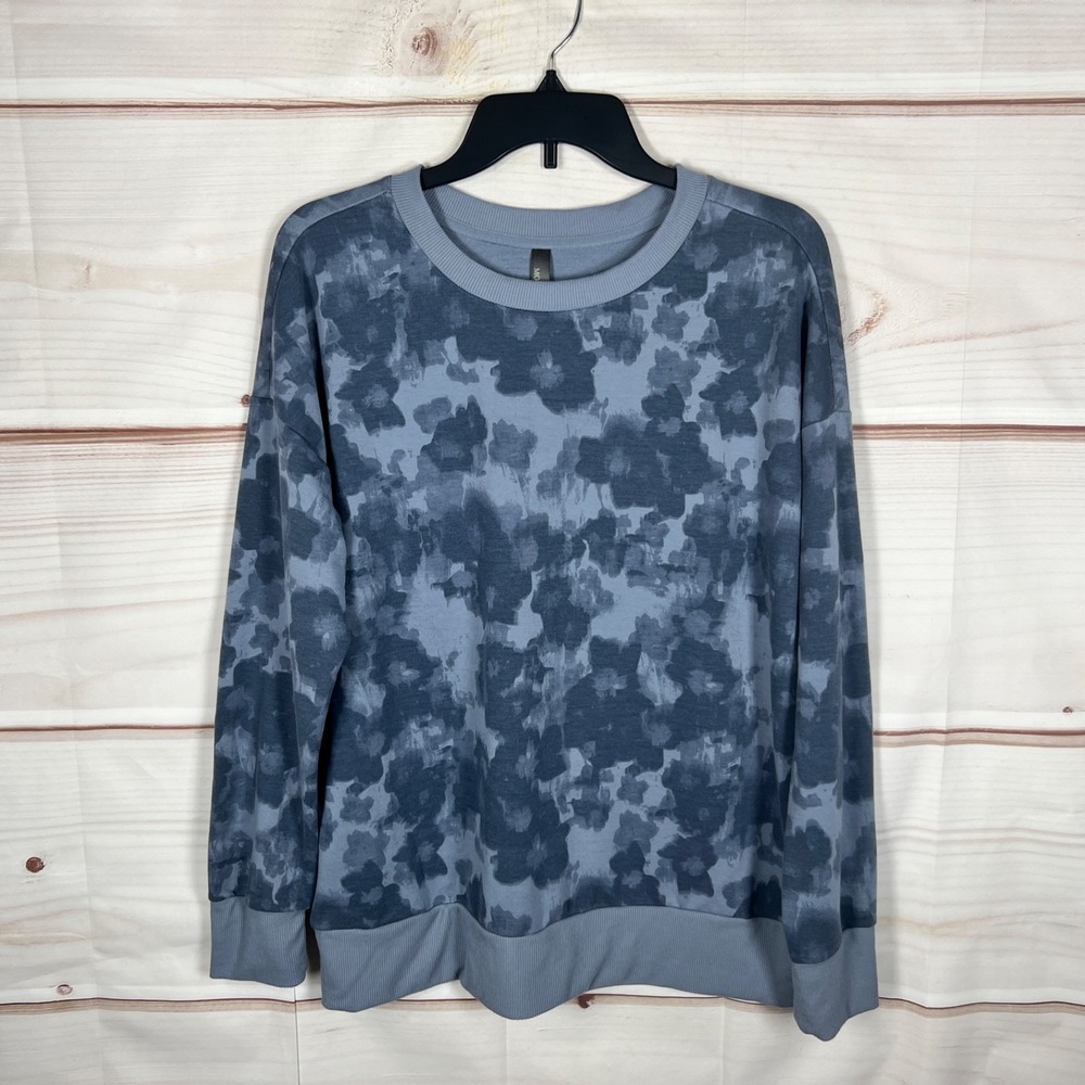 Mondetta Top Womens Large Blue Floral Sweatshirt Soft Knit Pullover Long Sleeve
